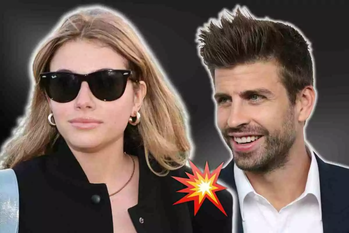 Gerard Piqué y Clara Chía con fondo oscuro y un gráfico de explosión entre ellas.