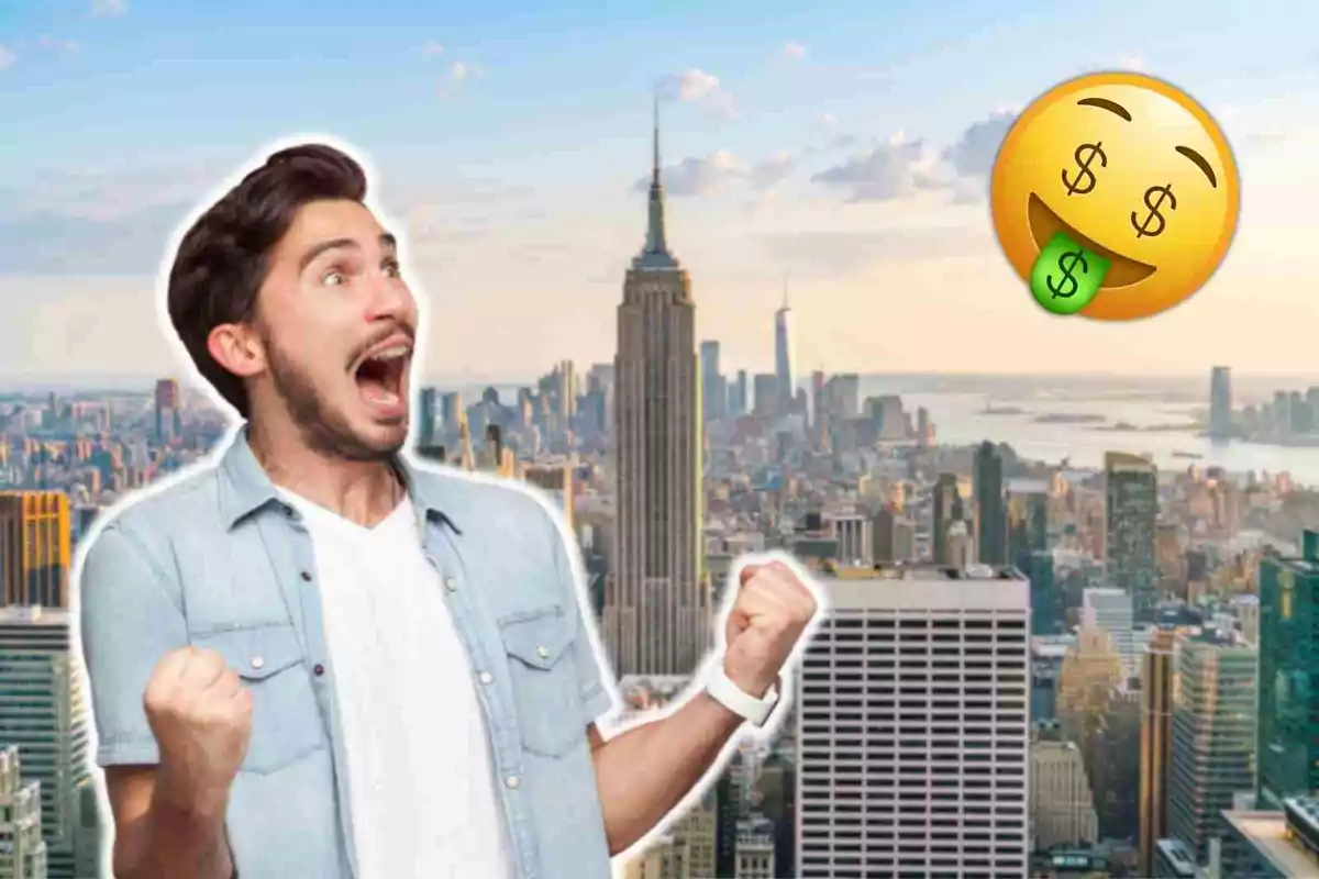 Hombre emocionado con fondo de Nueva York y emoji de dinero.