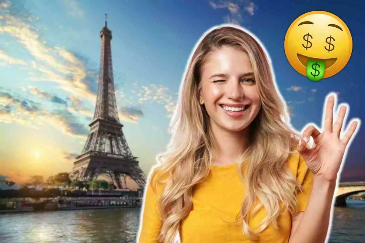 Una mujer sonriente con gesto de aprobación frente a la Torre Eiffel al atardecer y un emoji de cara con lengua de dinero.