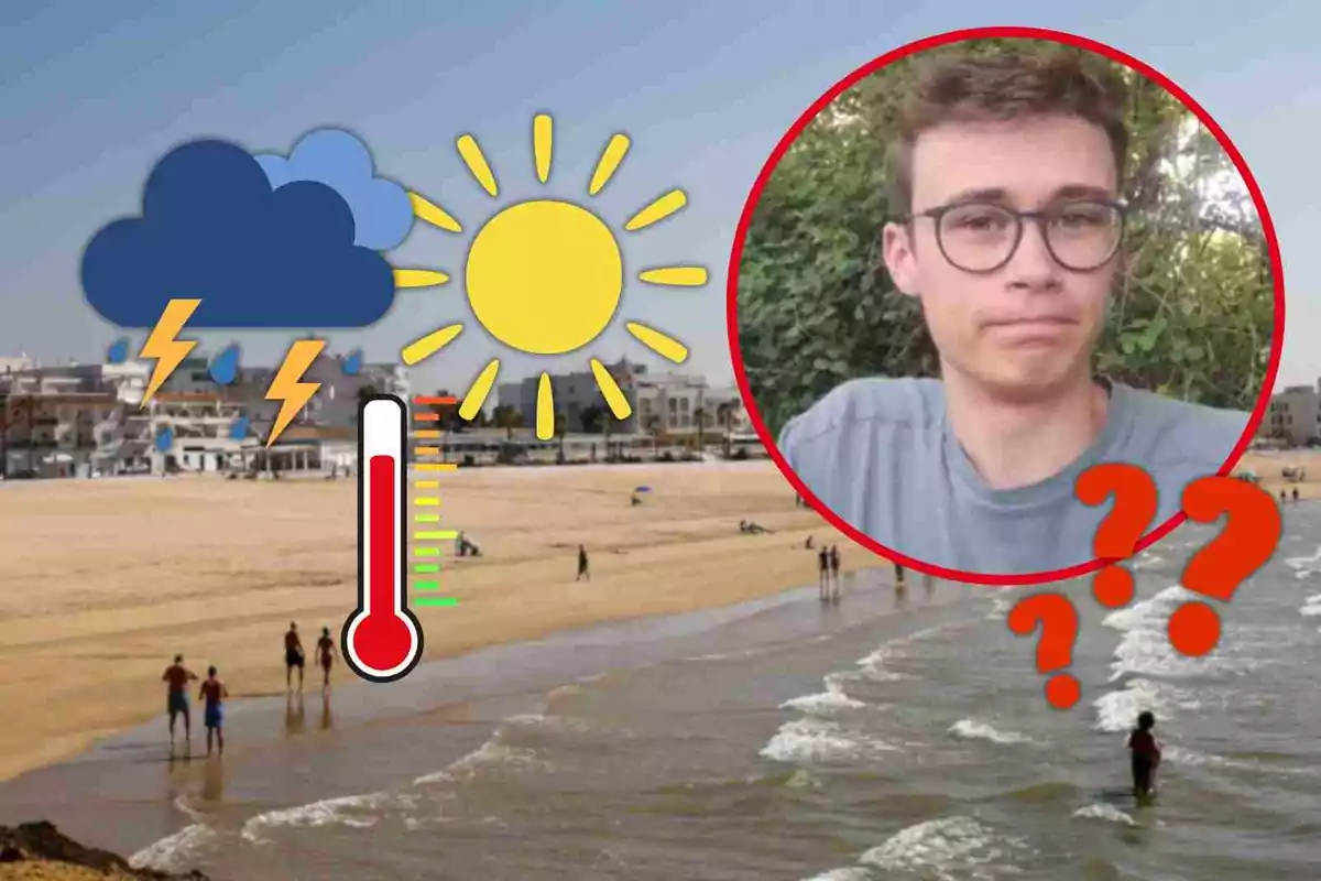 Una imagen de una playa con personas en la orilla, un gráfico de clima con sol, nubes y rayos, un termómetro y un círculo rojo con la foto de un hombre con gafas y signos de interrogación.