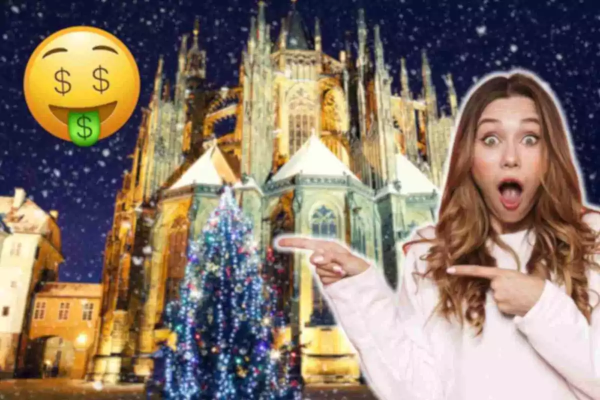 Mujer sorprendida señalando un árbol de Navidad iluminado frente a una catedral neogótica con un emoji de dinero en el cielo nevado.