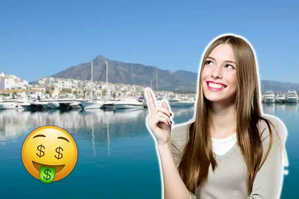 Mujer sonriendo y señalando hacia un puerto con yates y un emoji de cara con símbolos de dinero en la lengua.