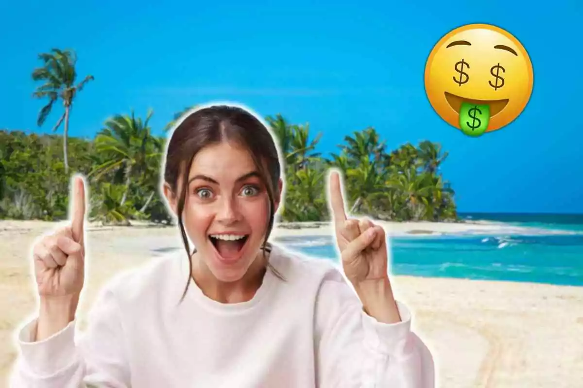 Una mujer sonriente en la playa con un emoji de dinero en la lengua flotando cerca.