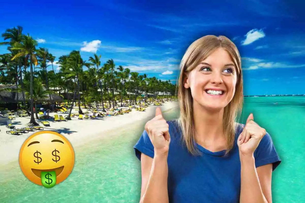 Mujer sonriente con fondo de playa tropical en Punta Cana y emoji de dinero.