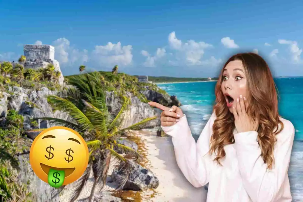 Una mujer sorprendida señala un emoji con signos de dólar en los ojos y lengua, con un paisaje de playa y ruinas al fondo.