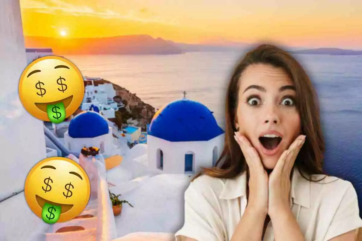 Mujer sorprendida con emojis de dinero sobre un paisaje de Santorini al atardecer.