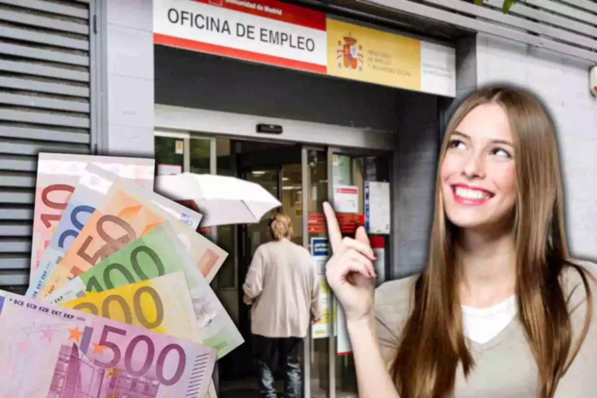 Una mujer sonriente señala hacia la entrada de una oficina de empleo, mientras en primer plano se ven varios billetes de euro.