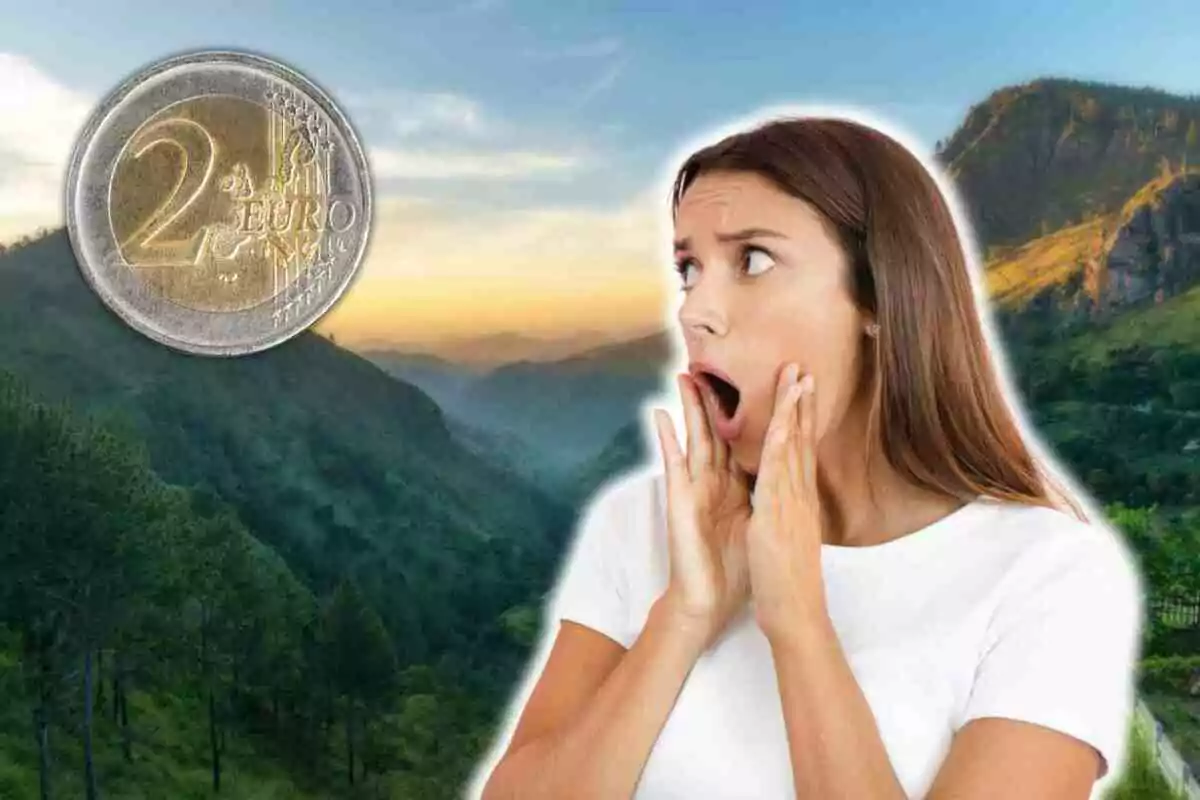 Una mujer sorprendida junto a una moneda de 2 euros sobre un paisaje montañoso al atardecer.