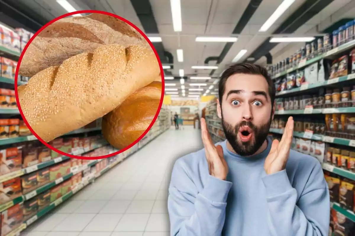 Hombre sorprendido en un supermercado con una imagen de panes en un círculo rojo.