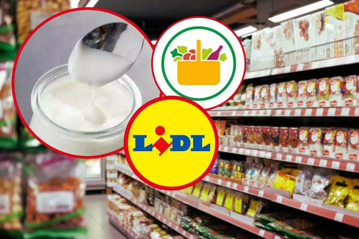 Imagen de un pasillo de supermercado con productos en estantes y un logo de Lidl y Mercadona en primer plano junto a un tarro de yogur y un icono de cesta de compras.