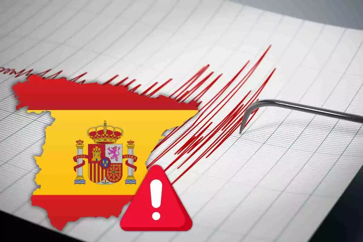 Mapa de España sobre un gráfico de sismógrafo con un icono de advertencia.