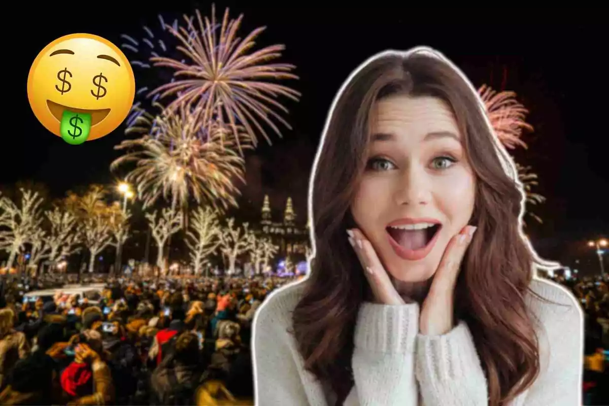 Una mujer con expresión de sorpresa está frente a un fondo de fuegos artificiales y una multitud, con un emoji de cara sonriente con lengua de dinero en la esquina.