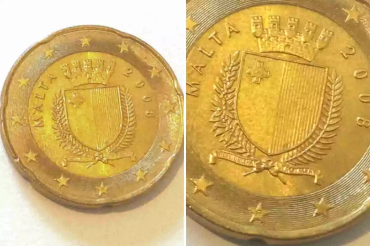 Moneda de Malta del año 2008 con escudo y estrellas en el borde. Moneda de Malta del año 2008 con escudo y estrellas en el borde.
