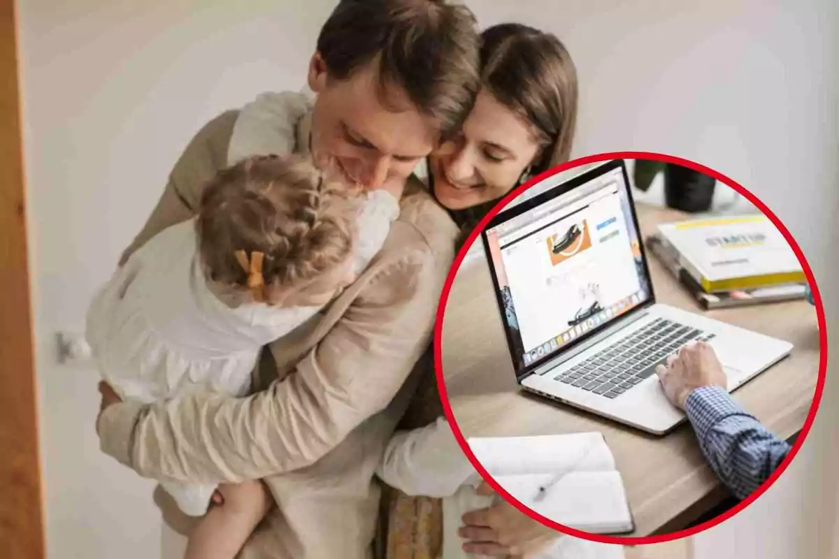 Una familia abrazándose con una imagen insertada de una persona usando una computadora portátil. Una familia abrazándose con una imagen insertada de una persona usando una computadora portátil.