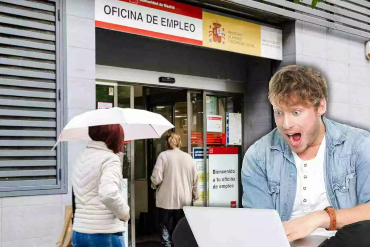 Fotomontaje con una imagen de fondo de una oficina del SEPE y al frente un hombre sorprendido mirando un ordenador