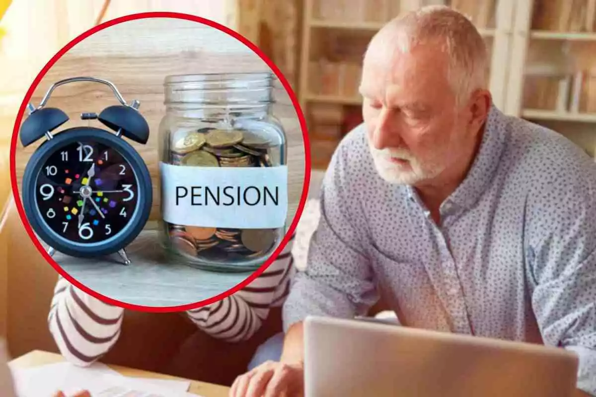 Un hombre mayor trabajando en una computadora con una imagen superpuesta de un reloj despertador y un frasco de monedas etiquetado como "Pension".