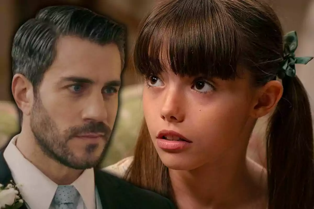 Un hombre con barba y traje junto a una niña con flequillo y expresión de sorpresa. Un hombre con barba y traje junto a una niña con flequillo y expresión de sorpresa.