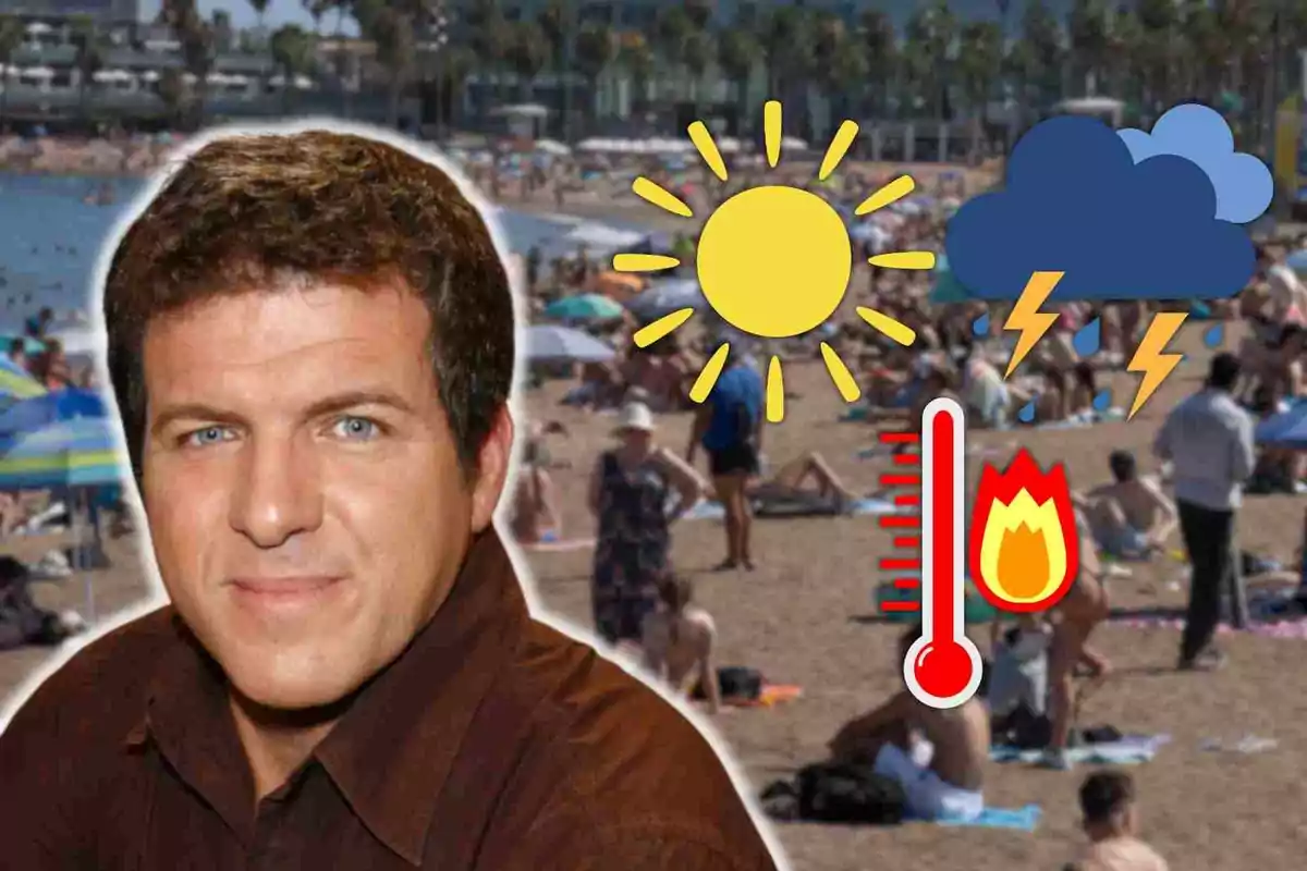 Un hombre con camisa marrón en primer plano, con una playa llena de gente al fondo y varios iconos de clima, incluyendo un sol, nubes con rayos, un termómetro y una llama.
