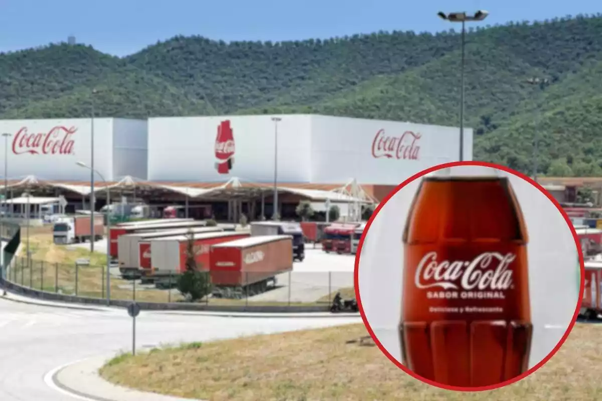 Fotomontaje de la planta de Coca-Cola en Martorelles y una redonda roja con una botella de cristal de Coca-Cola Fotomontaje de la planta de Coca-Cola en Martorelles y una redonda roja con una botella de cristal de Coca-Cola