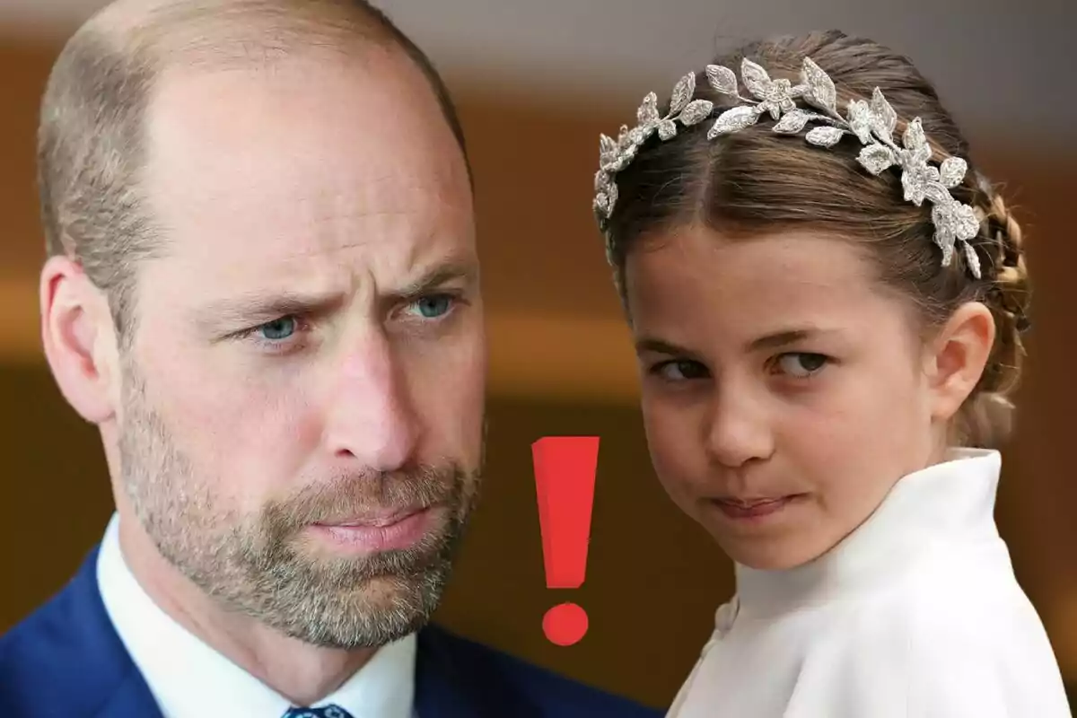 Un hombre y una niña con una diadema de hojas plateadas miran con expresiones serias, con un signo de exclamación rojo entre ellos.