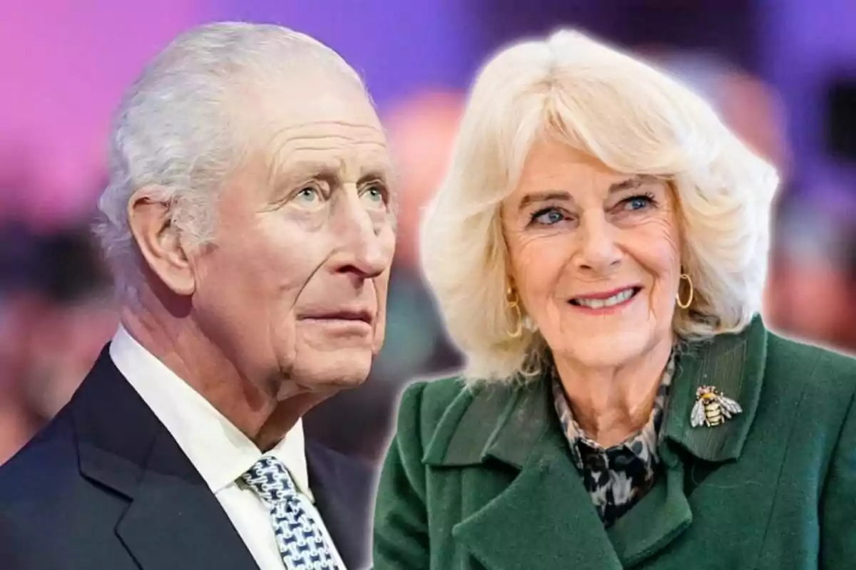 Two elderly people, a man and a woman, look in opposite directions with serene expressions and a blurred background.