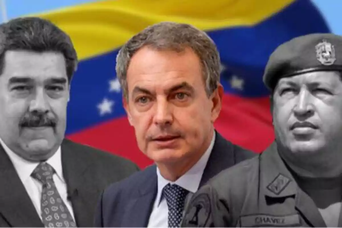 Tres hombres en primer plano con la bandera de Venezuela de fondo.