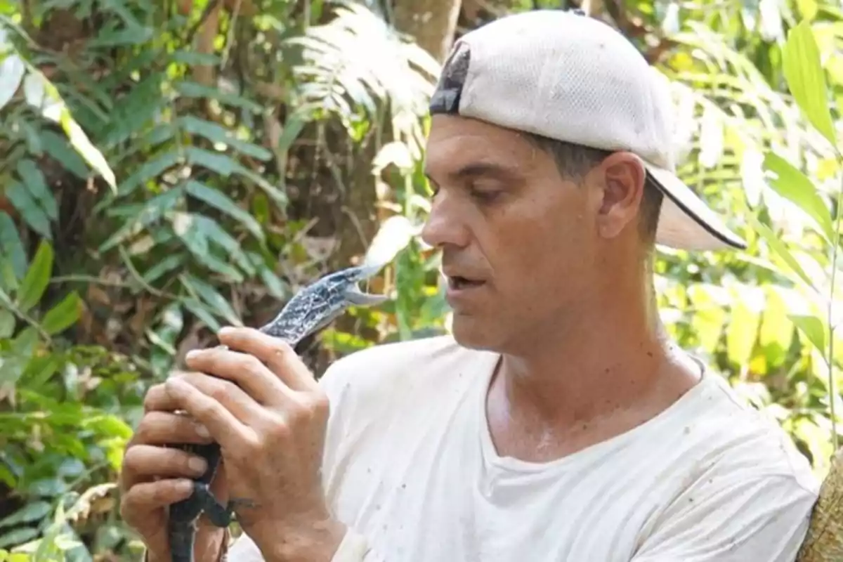 Un hombre con gorra blanca sostiene un pequeño cocodrilo en un entorno selvático.