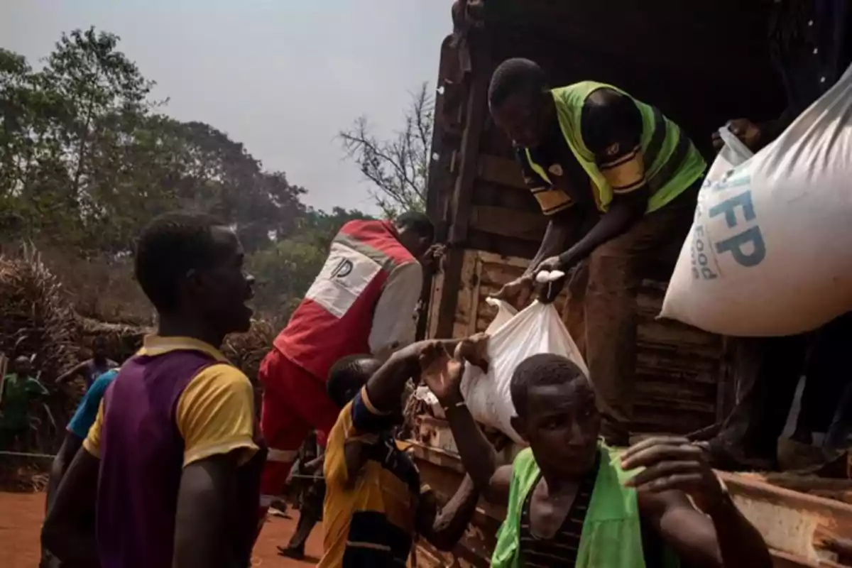 Personas descargando sacos de ayuda humanitaria de un camión en un entorno rural.