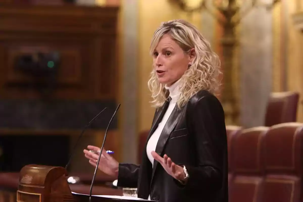 Mujer de cabello rubio rizado hablando en un podio dentro de un recinto parlamentario