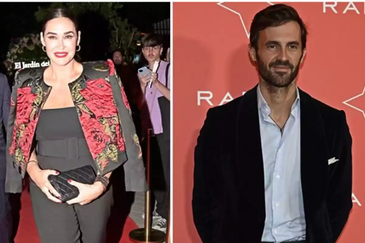 Una mujer con un elegante conjunto negro y chaqueta con detalles florales posa en un evento mientras un hombre con traje oscuro y camisa clara está en un fondo rojo. Una mujer con un elegante conjunto negro y chaqueta con detalles florales posa en un evento mientras un hombre con traje oscuro y camisa clara está en un fondo rojo.