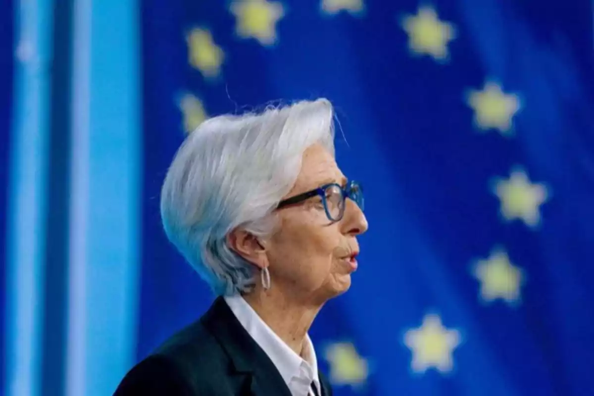 Una persona de perfil con cabello canoso y gafas frente a una bandera de la Unión Europea.