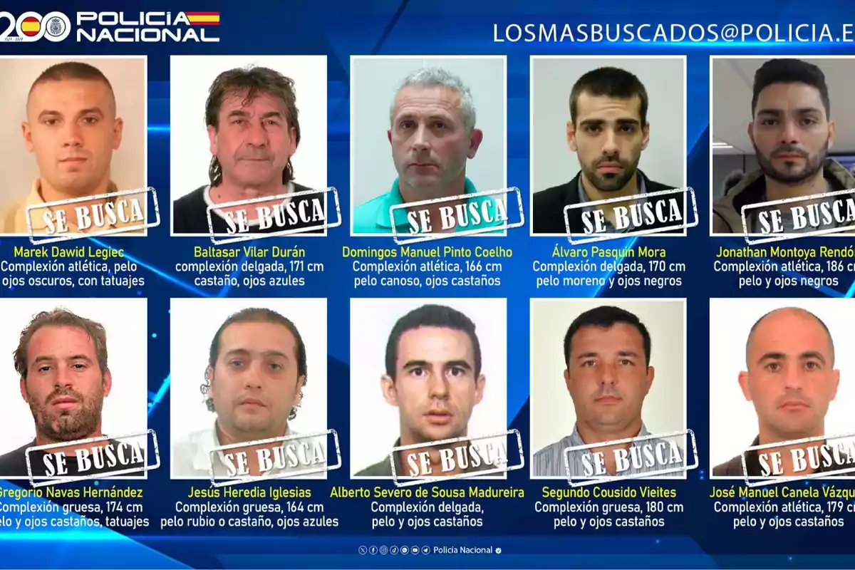 Imagen de la Policía Nacional con fotografías de los delincuentes más buscados, incluyendo sus nombres, descripciones físicas y la palabra "SE BUSCA" sobre cada imagen.