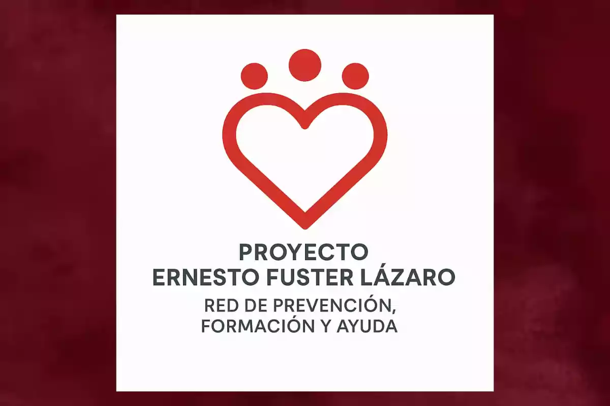 Logo de un corazón rojo con tres puntos en la parte superior y el texto Proyecto Ernesto Fuster Lázaro Red de prevención formación y ayuda sobre fondo blanco y borde rojo oscuro Logo de un corazón rojo con tres puntos en la parte superior y el texto Proyecto Ernesto Fuster Lázaro Red de prevención formación y ayuda sobre fondo blanco y borde rojo oscuro
