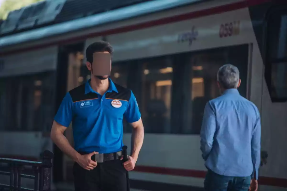 Un guardia de seguridad con uniforme azul está de pie frente a un tren mientras un hombre de cabello gris camina cerca.