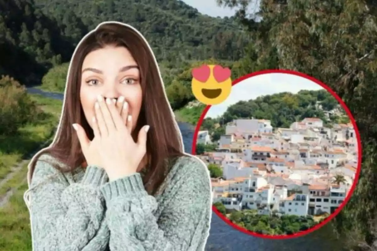 Una mujer sorprendida con las manos en la boca y un emoji de ojos de corazón junto a una imagen de un pueblo rodeado de naturaleza.