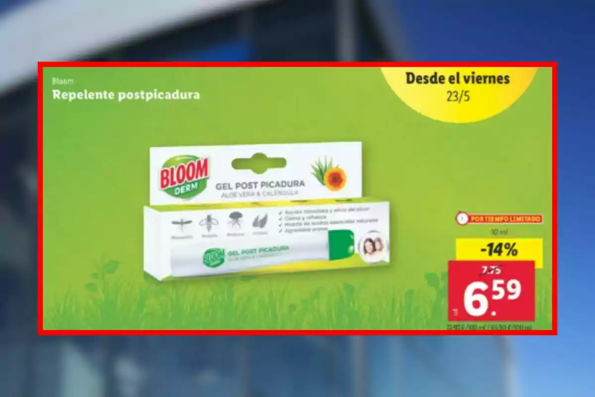 Imagen de un anuncio de gel post picadura Bloom Derm con aloe vera y caléndula, que se vende en Lidl mostrando un descuento del 14% y un precio de 6,59 euros, disponible desde el 23 de mayo. Imagen de un anuncio de gel post picadura Bloom Derm con aloe vera y caléndula, que se vende en Lidl mostrando un descuento del 14% y un precio de 6,59 euros, disponible desde el 23 de mayo.