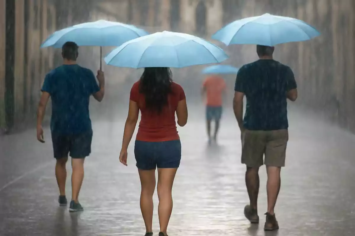 Personas caminando bajo la lluvia con paraguas azules en una calle urbana. Personas caminando bajo la lluvia con paraguas azules en una calle urbana.
