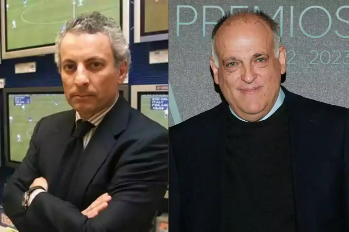 Dos hombres en trajes formales, uno con pantallas de televisión al fondo y el otro frente a un fondo de premios. Dos hombres en trajes formales, uno con pantallas de televisión al fondo y el otro frente a un fondo de premios.