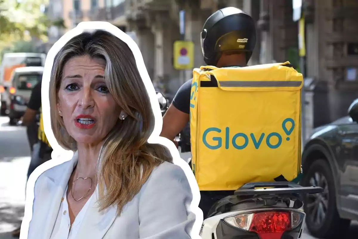 Una mujer con expresión seria está superpuesta sobre una imagen de un repartidor de Glovo en motocicleta en una calle urbana.