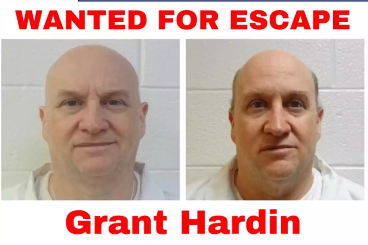 Cartel de búsqueda con dos fotos de un hombre calvo y el texto en rojo que dice Wanted for escape Grant Hardin Cartel de búsqueda con dos fotos de un hombre calvo y el texto en rojo que dice Wanted for escape Grant Hardin