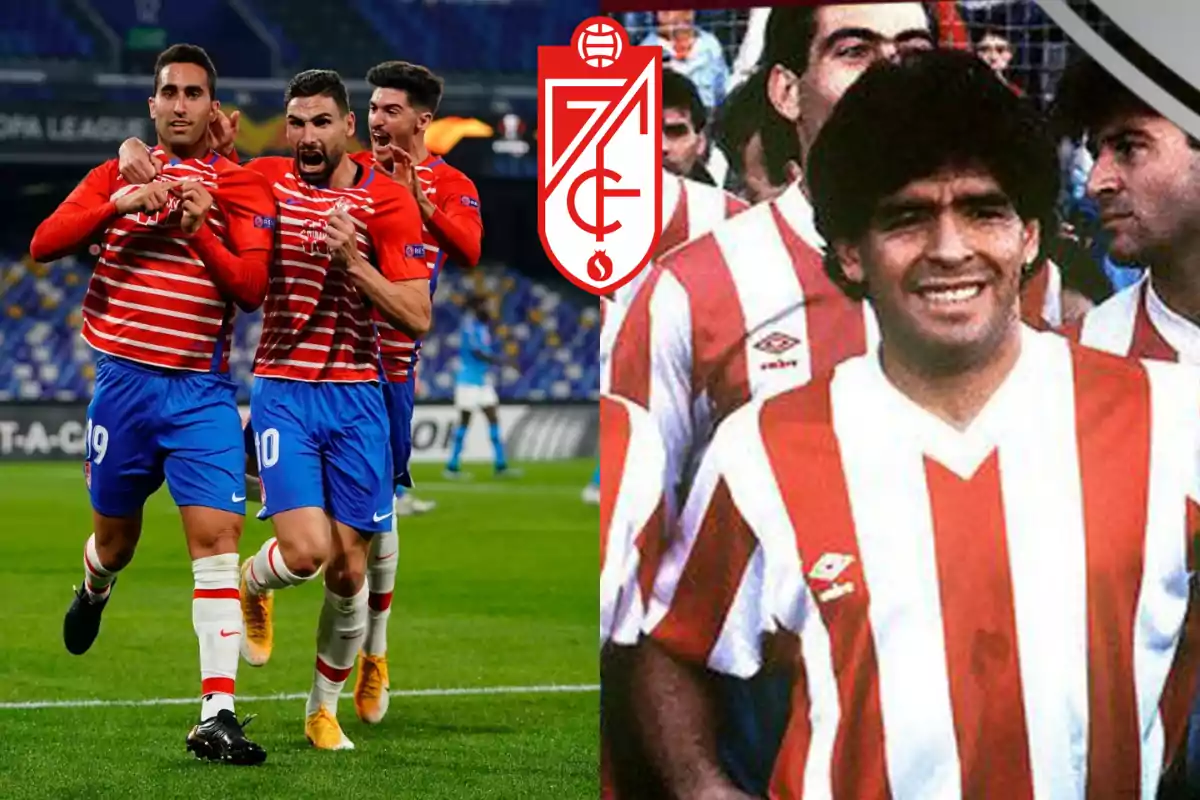 Jugadores de fútbol del Granada CF celebrando un gol junto a una imagen histórica de un equipo con uniforme a rayas rojas y blancas.