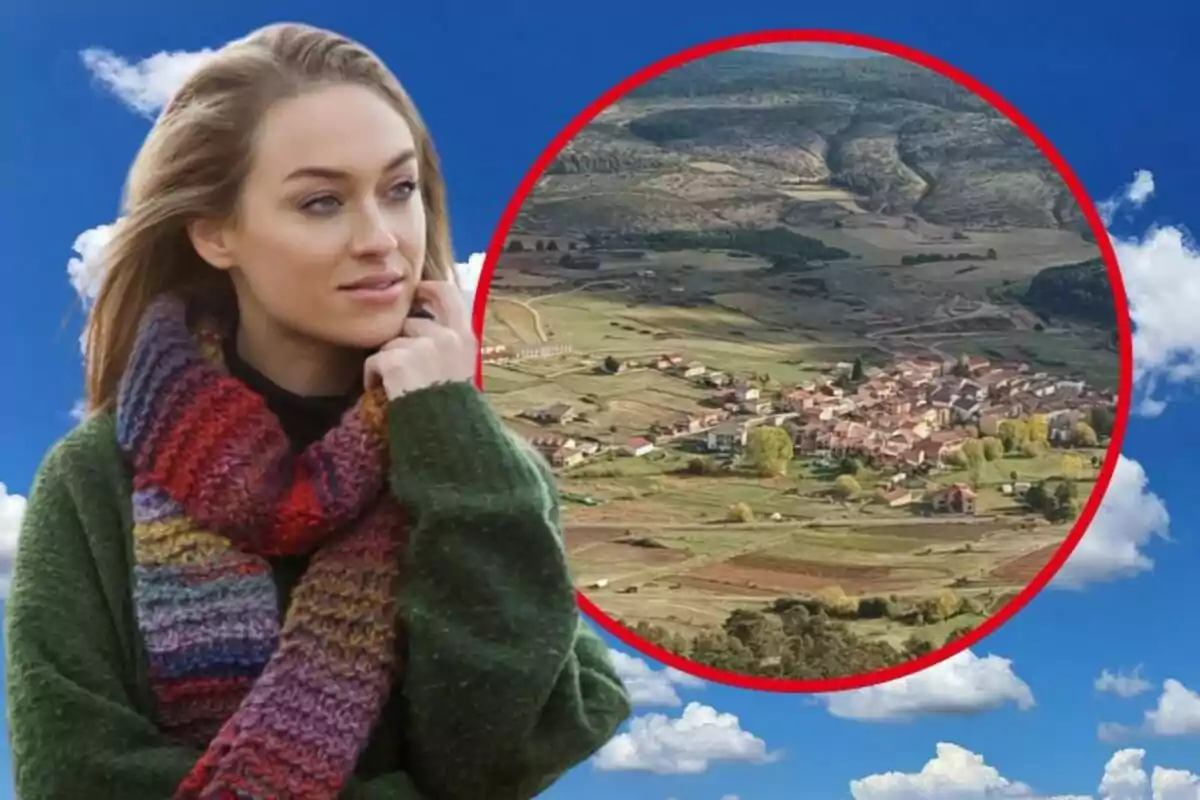 Mujer con bufanda colorida y suéter verde frente a un paisaje rural dentro de un círculo rojo.