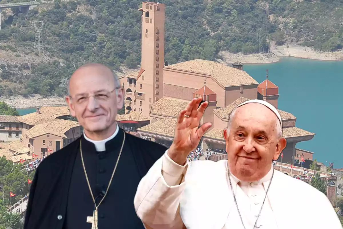 Dos líderes religiosos posan frente a un edificio religioso rodeado de un paisaje natural con un lago y colinas.