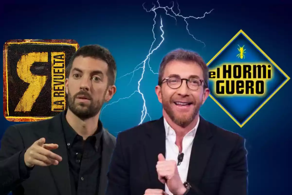 Dos hombres en traje frente a los logotipos de "La Resistencia" y "El Hormiguero" con un fondo azul y rayos.