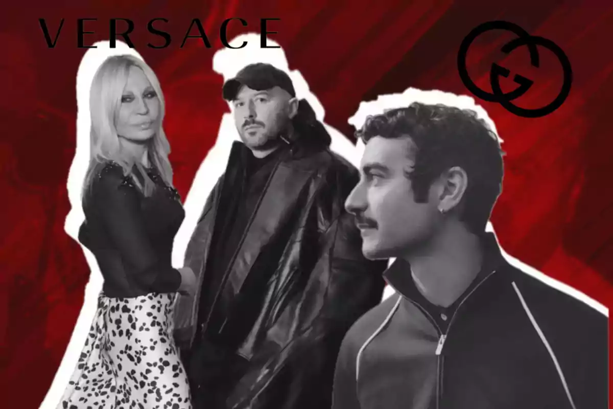 Tres personas posan en un collage con fondo rojo y logotipos de Versace y Gucci.