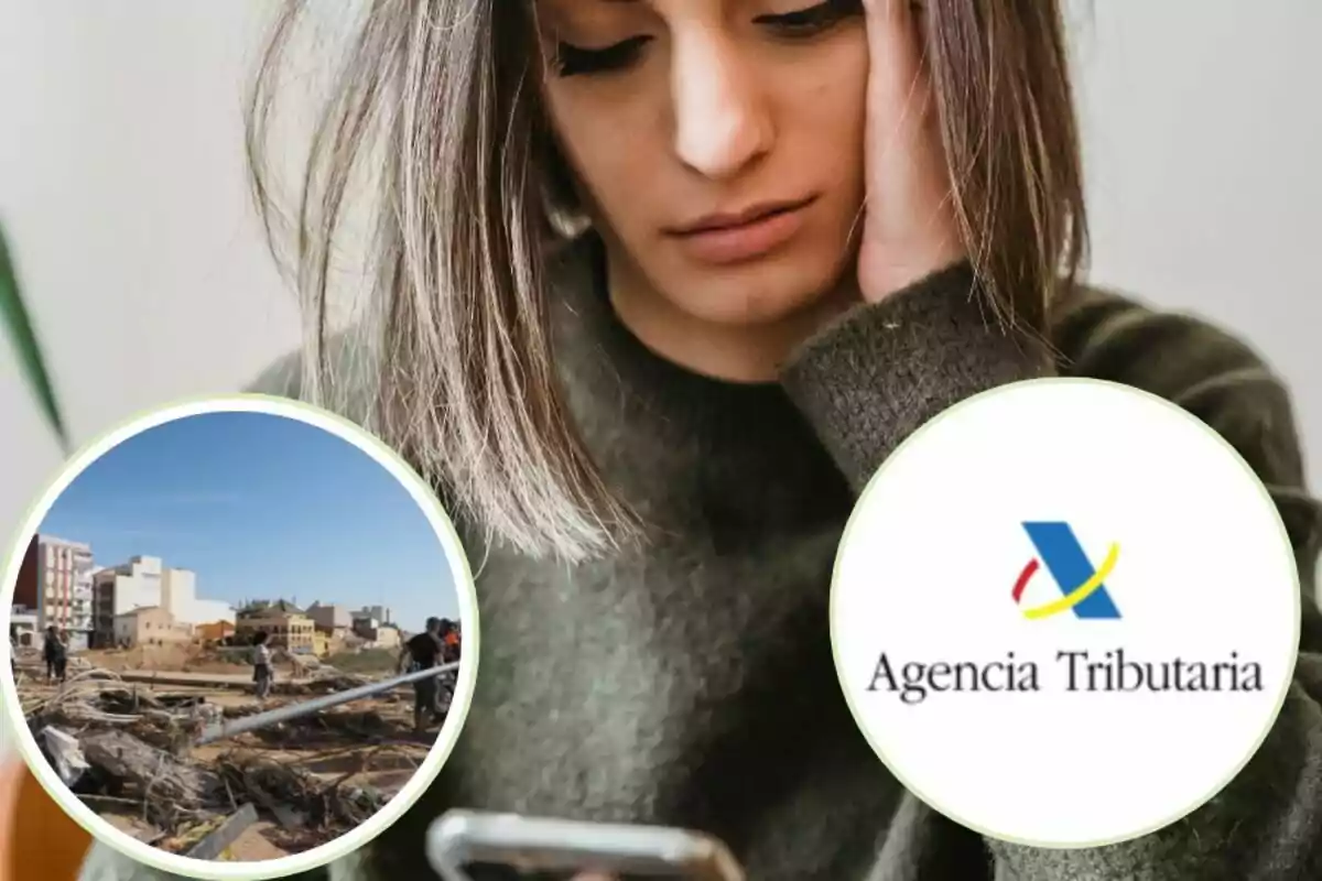 Mujer preocupada mirando su teléfono con imágenes superpuestas de un área urbana afectada y el logo de la Agencia Tributaria.