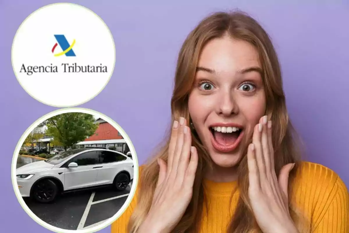 Una persona con expresión de sorpresa junto a un logotipo de una agencia y la imagen de un coche blanco.