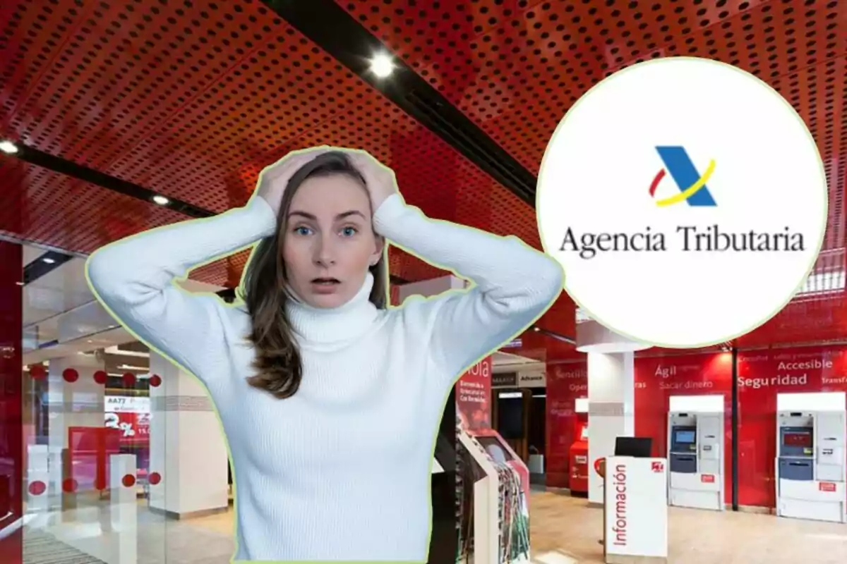 Mujer con expresión de sorpresa y preocupación frente a un fondo de oficina con el logo de la Agencia Tributaria.