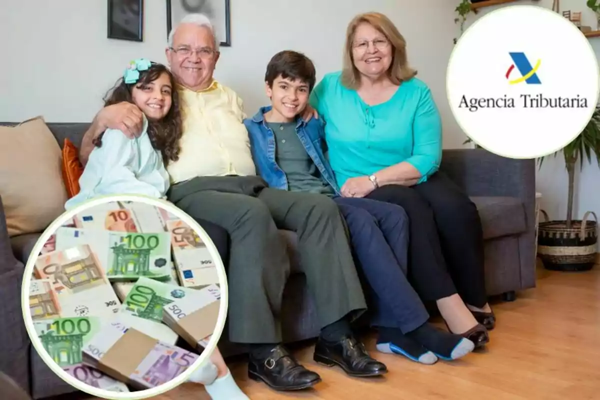 Una familia sentada en un sofá con el logo de la Agencia Tributaria y una imagen de billetes de euro.