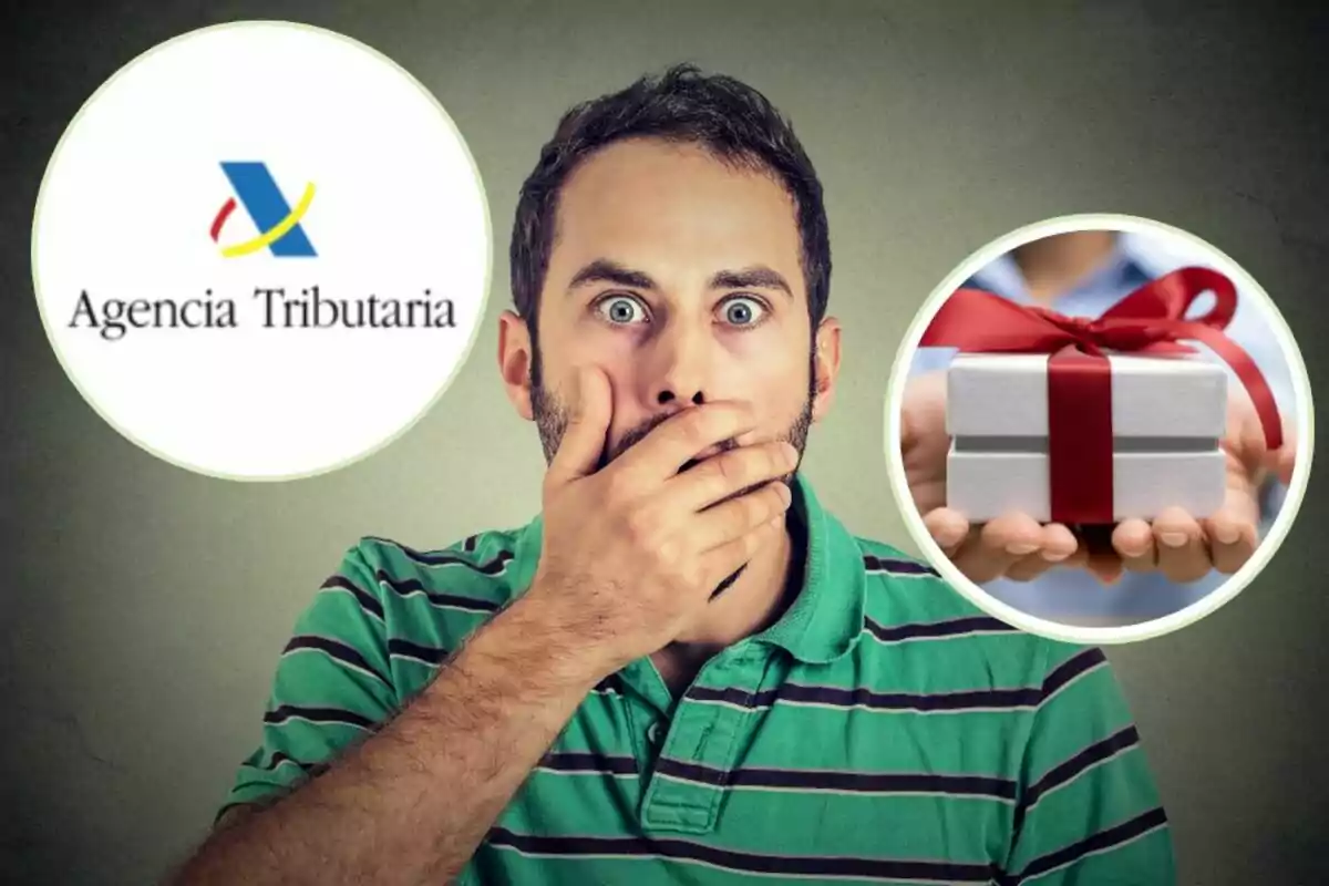 Hombre sorprendido con la mano en la boca, rodeado por el logo de la Agencia Tributaria y una imagen de un regalo envuelto con cinta roja.